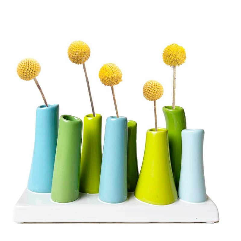 Chive - Pooley 2, Ceramic Flower Vase, 8-Tube Shape (Scout Blue with Blue and Green) - Image 1